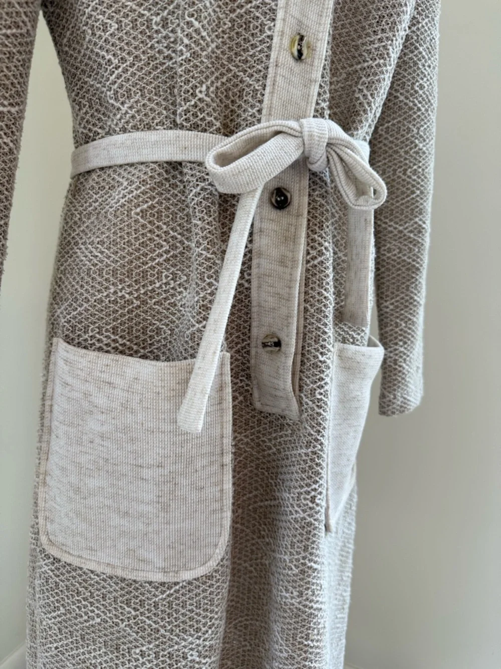 Vintage Long Sleeve Button-Up Knit Coat Dress in Light Taupe and Cream - Picture 2 of 8